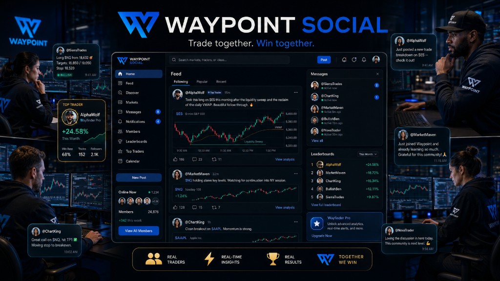 Waypoint Social: trader feed, charts, messaging, and community — trade together, win together
